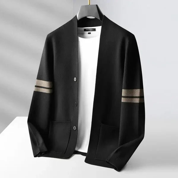Men's long-sleeved striped cardigan with button fastening and front patch pockets