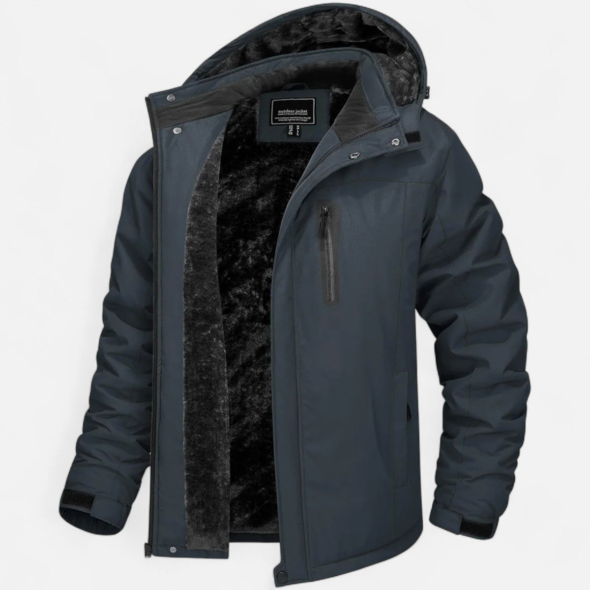 Men's camouflage hooded winter parka with zip front and plush-looking lining