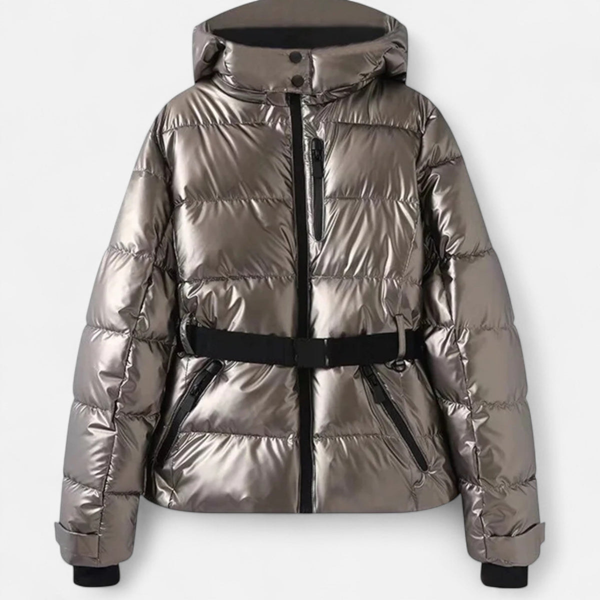 Women's hooded padded ski jacket with cinched waist, long sleeves and zipped pockets