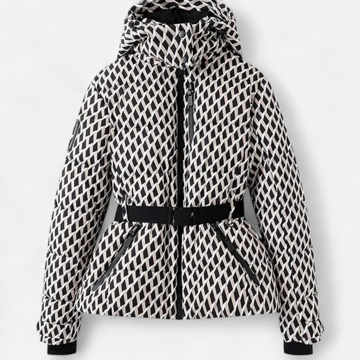 Women's hooded padded ski jacket with cinched waist, long sleeves and zipped pockets