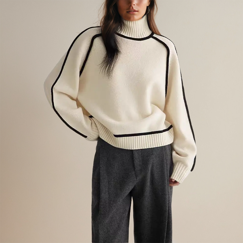 Women's mock neck jumper with contrast piping and long sleeves