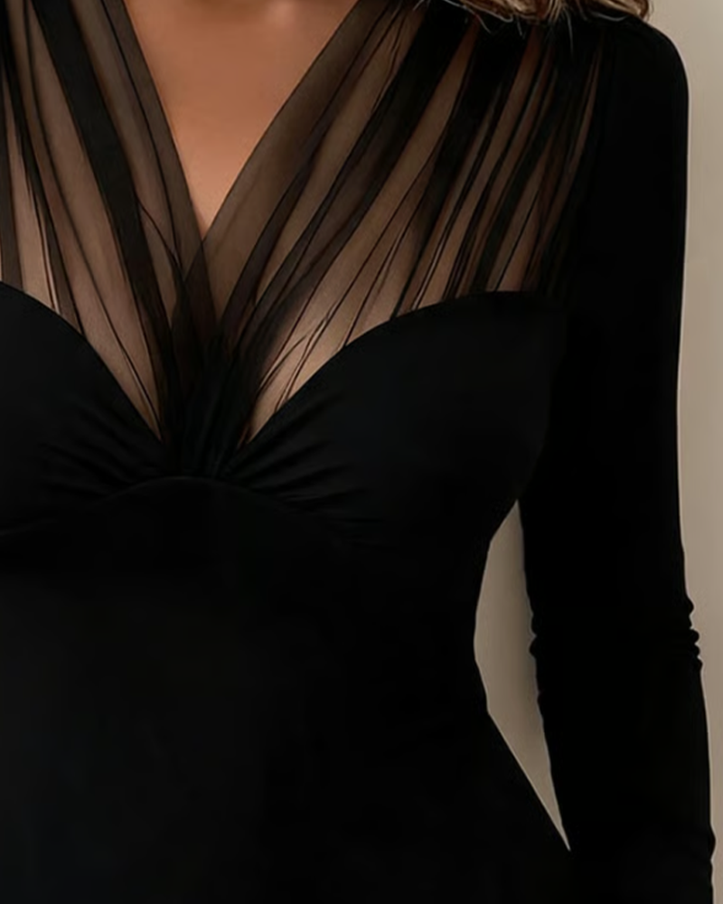 Women's long-sleeve V-neck blouse with sheer upper panel and gathered centre detail