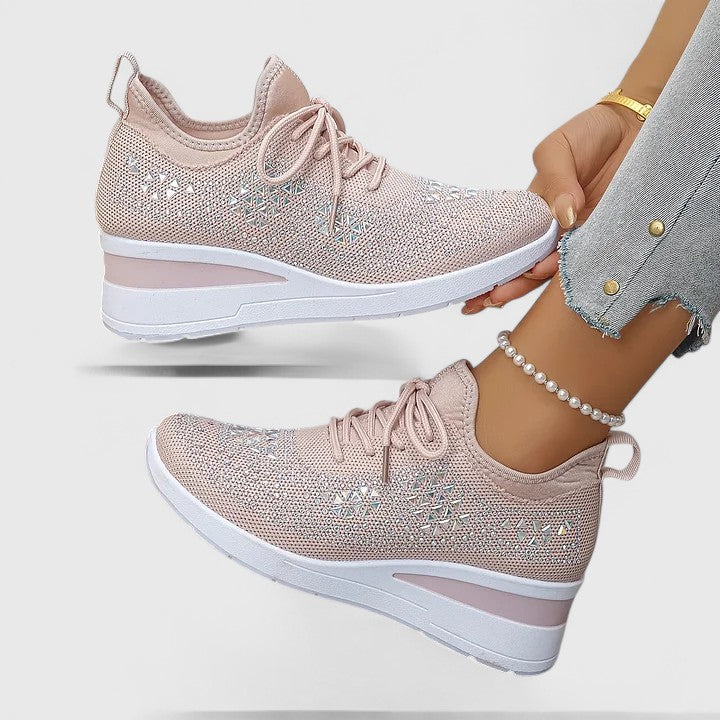 Women's Sneakers Rhinestone Embellished Wedge Lace-Up - Pink