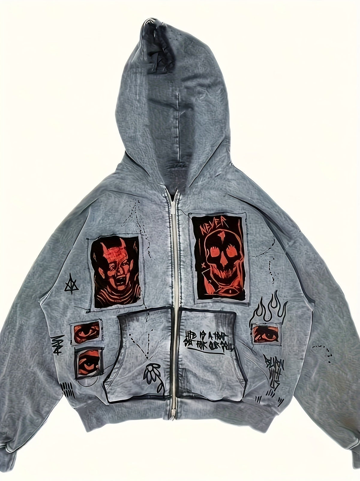 Men's grey zip-up hoodie with hood and graphic front panels