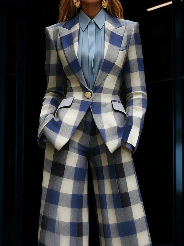 Women's blue checked plaid blazer with notched collar, button fastening and flap pockets