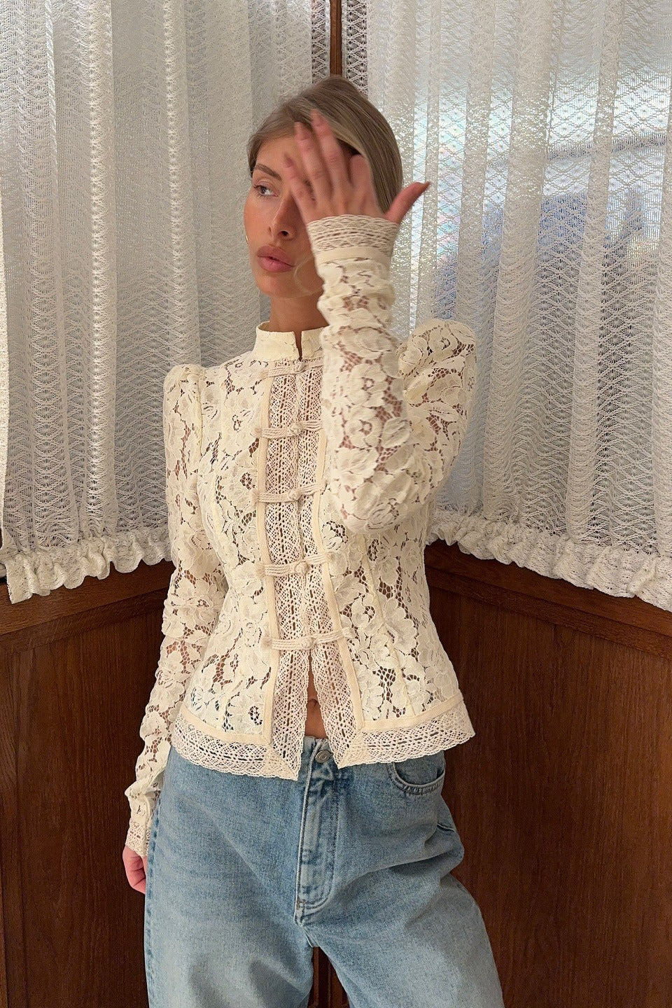 Women's white floral lace cardigan with stand collar and frog-style front ties