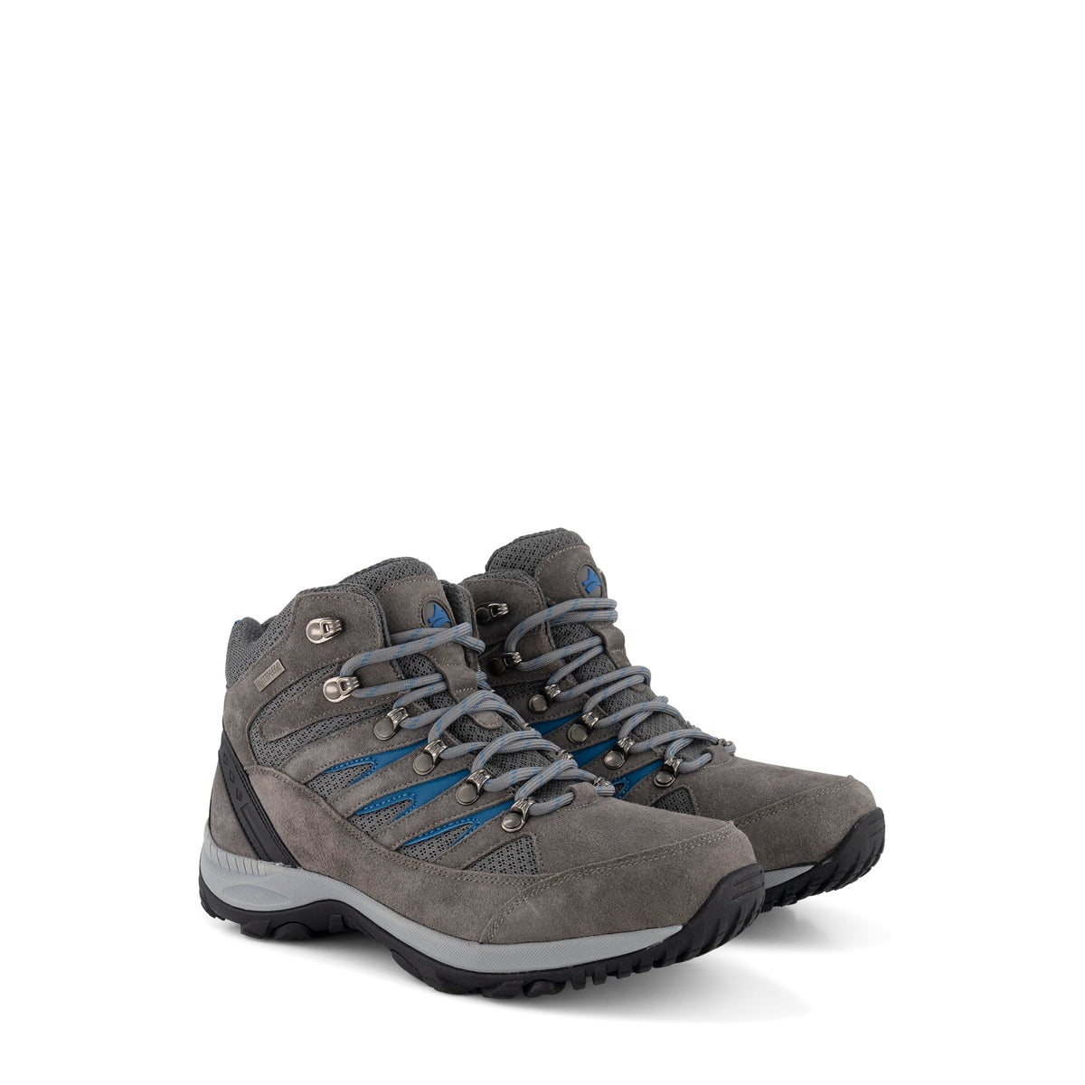 Grey lace-up hiking boots with blue detailing and black treaded soles