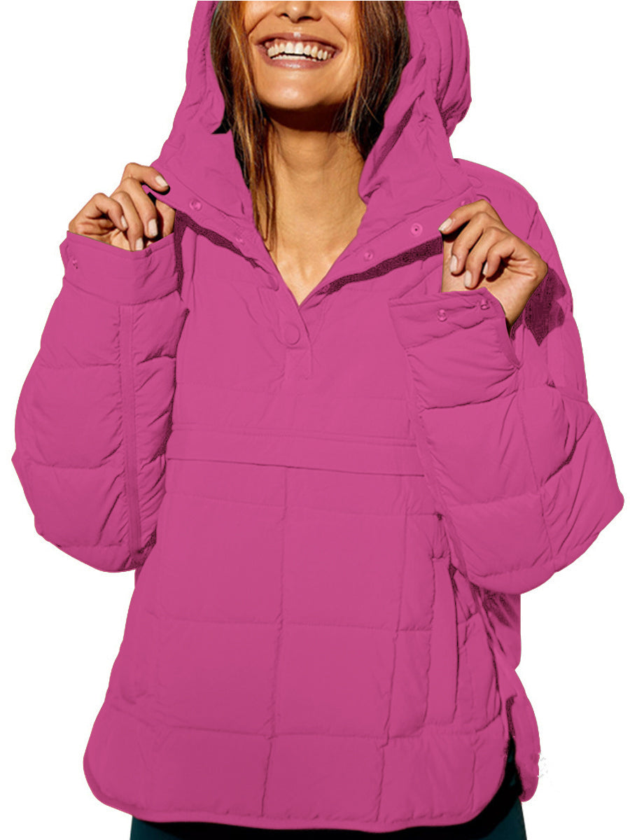 Women's oversized quilted hooded pullover jacket with long sleeves and front pockets