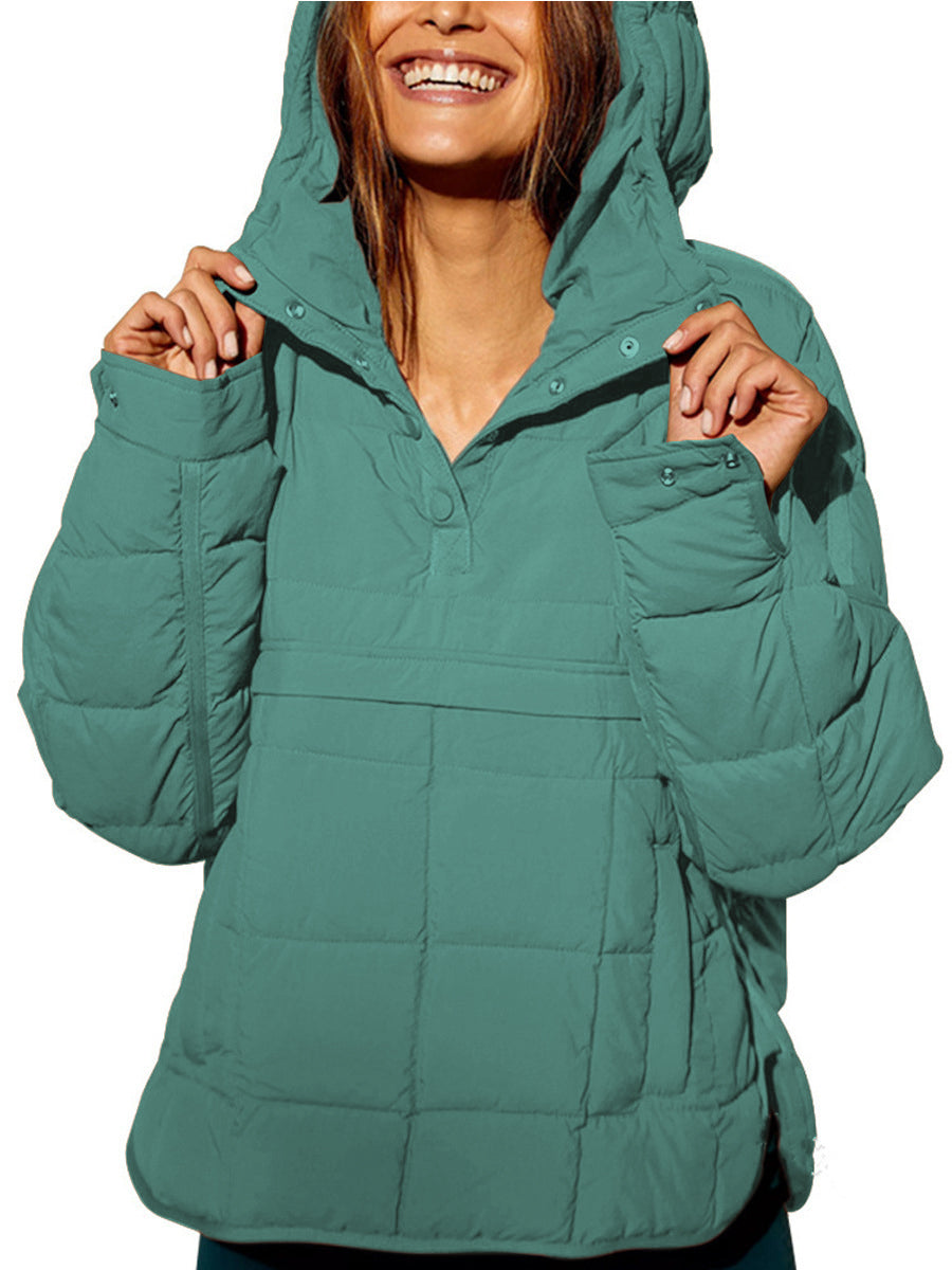 Women's oversized quilted hooded pullover jacket with long sleeves and front pockets