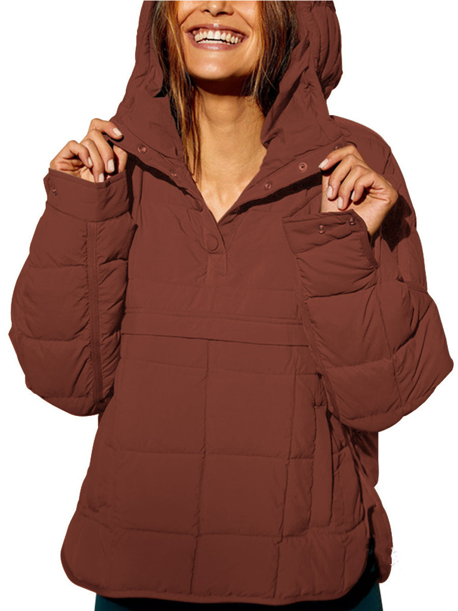 Women's oversized quilted hooded pullover jacket with long sleeves and front pockets