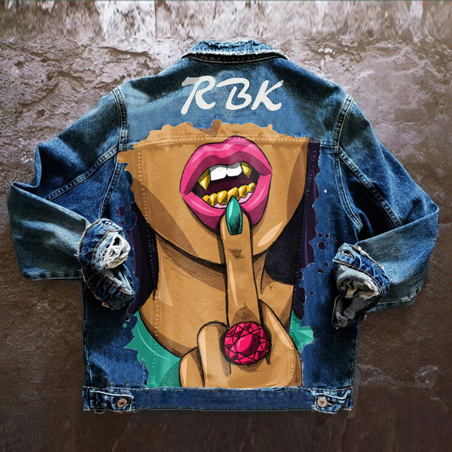Unisex graphic denim jacket with illustrated back artwork and long sleeves