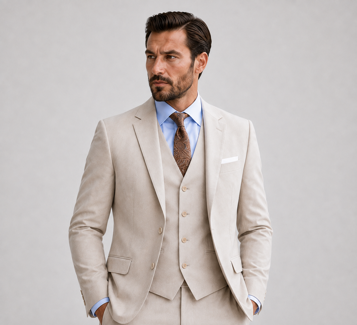 Men's three-piece suit with notch lapel jacket, waistcoat and matching trousers
