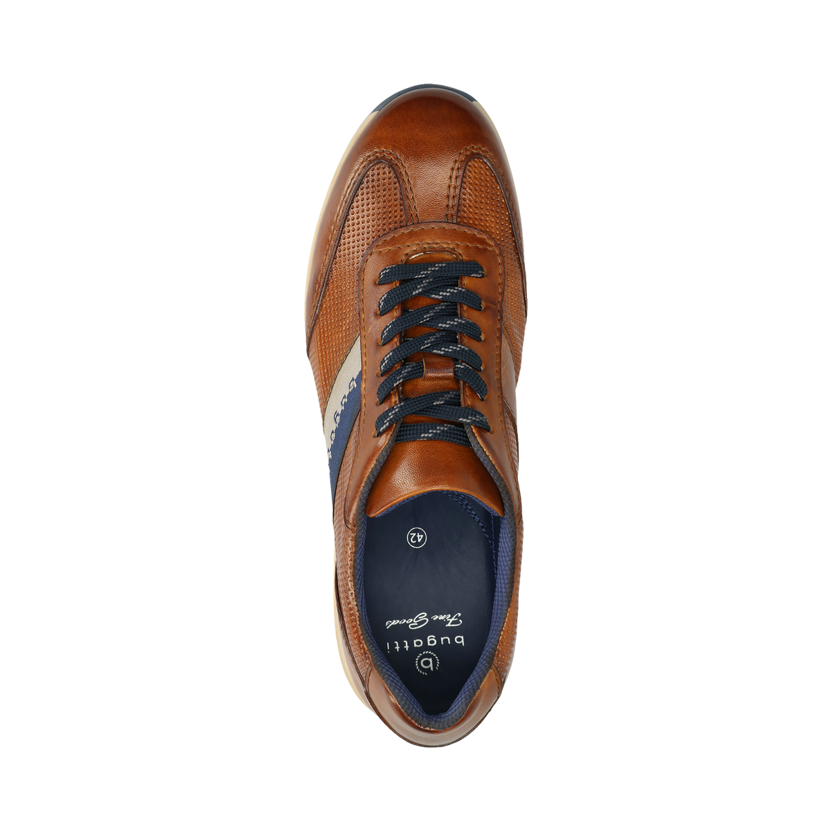 Men's brown lace-up trainers with navy side panel and cream sole