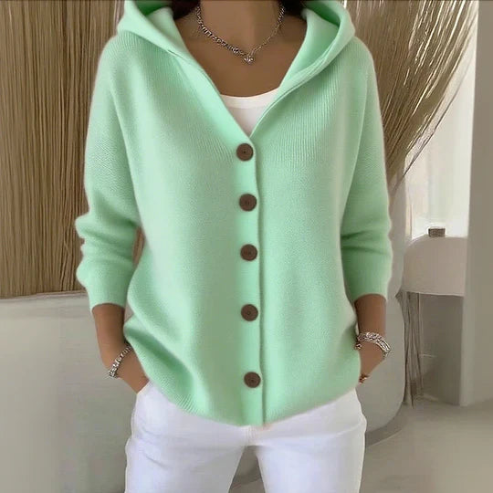 Women's hooded long-sleeve button cardigan with ribbed knit finish and side pockets