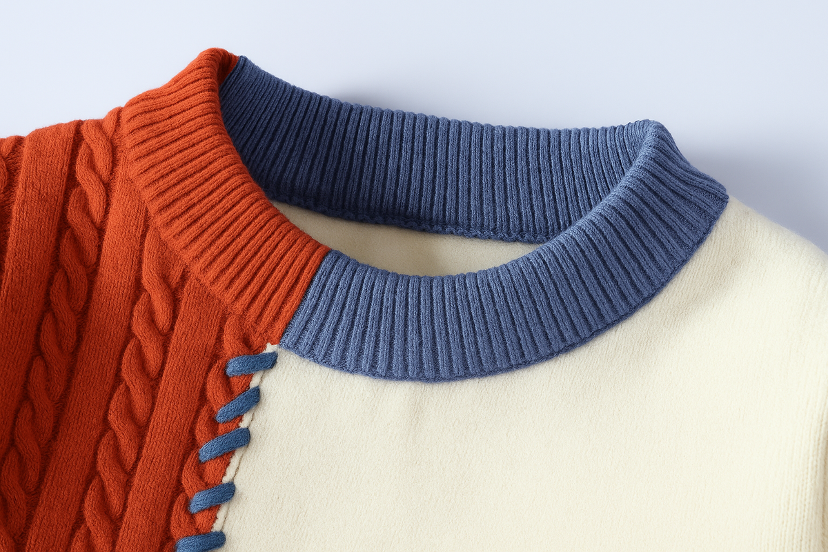 Unisex patchwork cable knit sweater with contrasting panels and ribbed trims