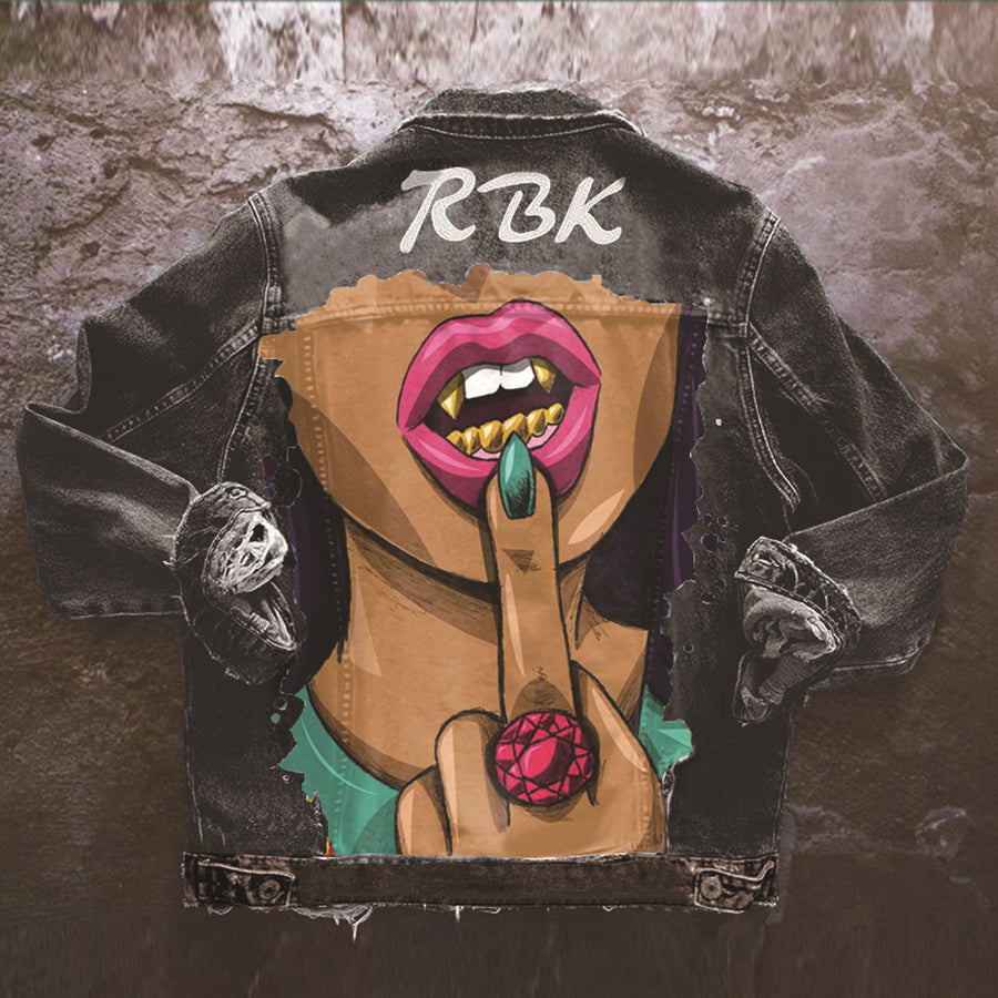 Unisex graphic denim jacket with illustrated back artwork and long sleeves