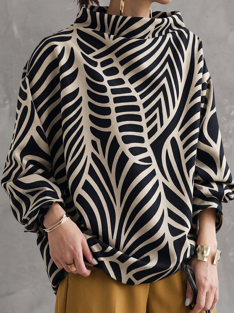 Women's black and white geometric high-neck sweatshirt with long sleeves