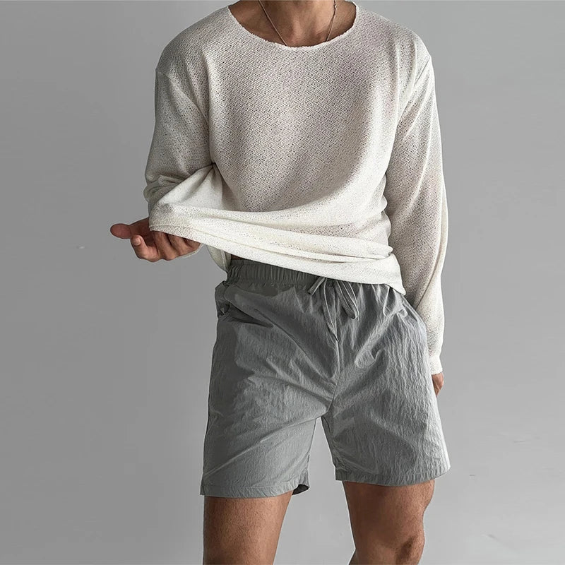 Men's Knit Jumper Open-Knit Long Sleeve Crew Neck - White