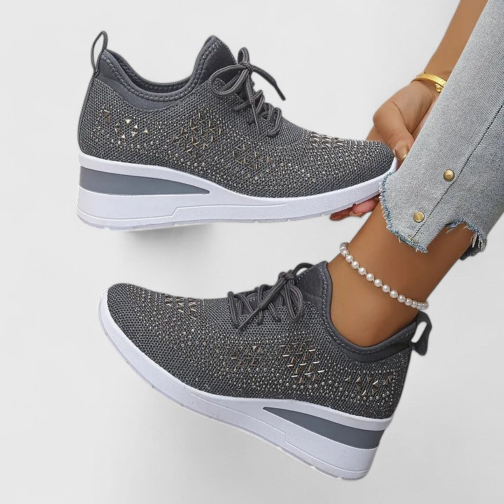 Women's Sneakers Rhinestone Embellished Wedge Lace-Up - Grey