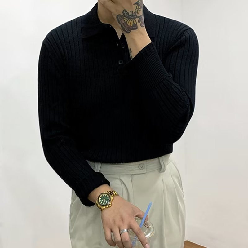 Men's ribbed polo sweater with lapel collar and long sleeves