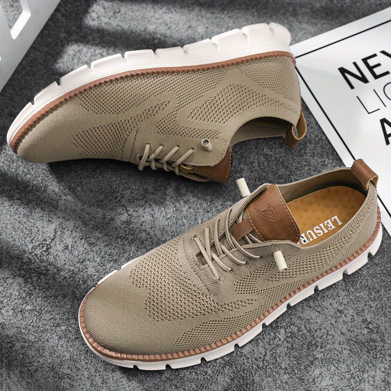 Men's Knit Trainers Lace-Up White Sole - Beige