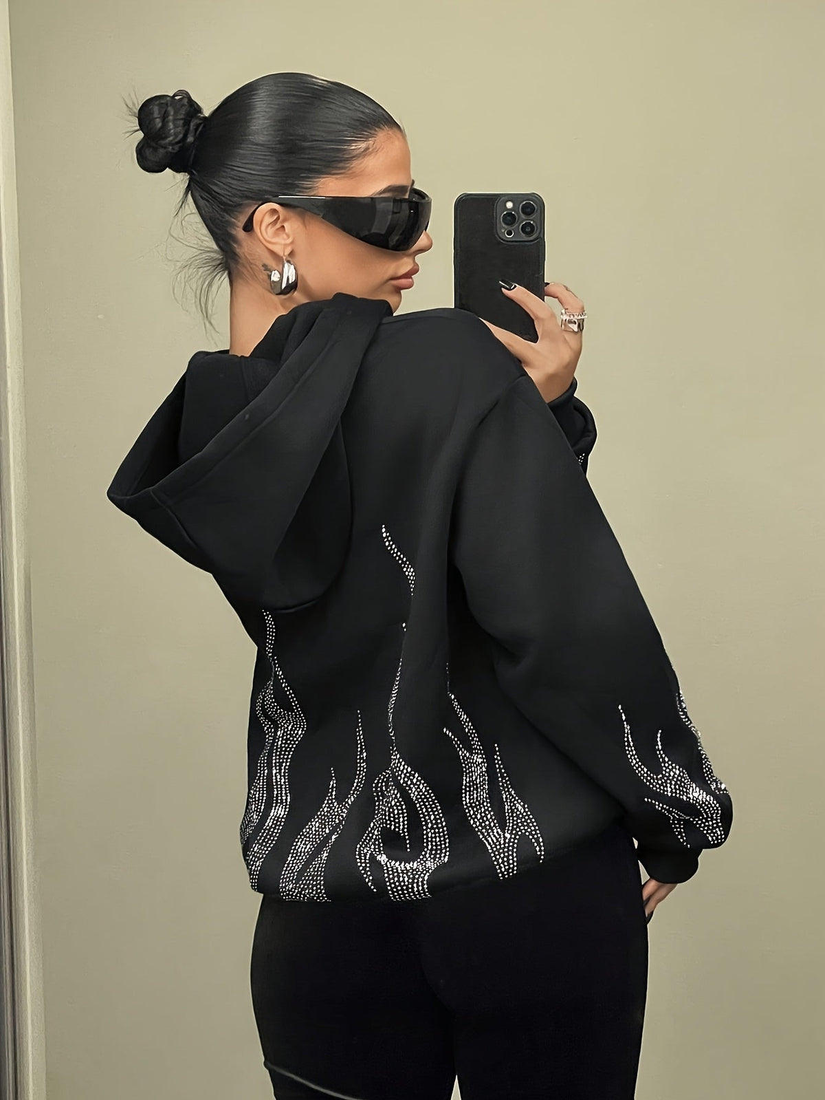 Women's hooded sweatshirt with rhinestone flame design and long sleeves