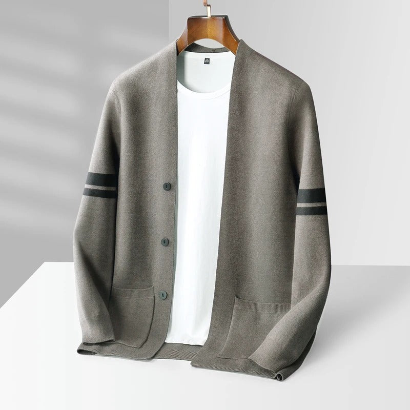 Men's long-sleeved striped cardigan with button fastening and front patch pockets