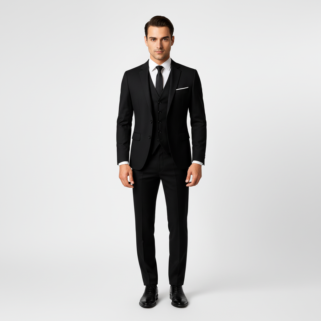 Men's three-piece suit with tailored jacket, waistcoat and trousers
