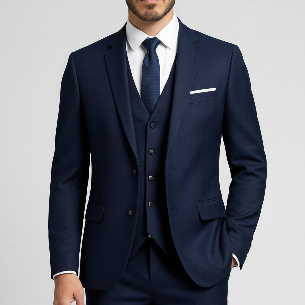 Men's three-piece suit with tailored jacket, waistcoat and trousers