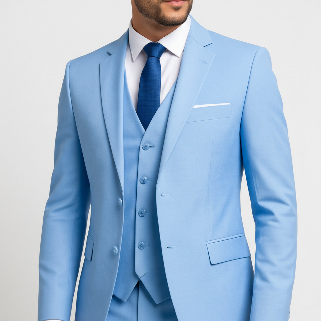 Men's three-piece suit with tailored jacket, waistcoat and trousers