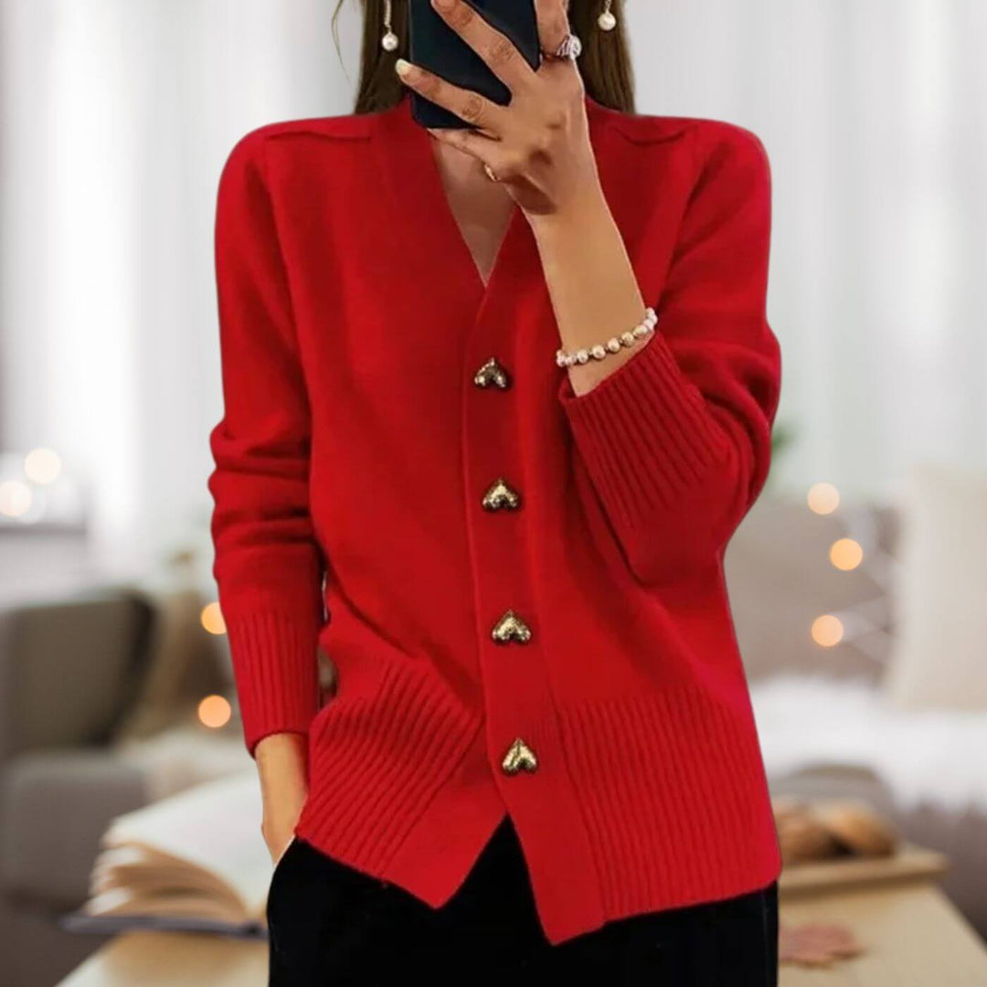 Women's V-neck cardigan with heart-shaped buttons, long sleeves and front pockets