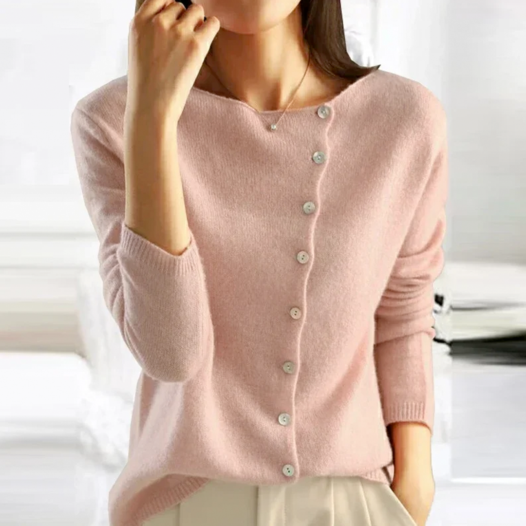 Women's long-sleeved button-front cardigan with ribbed trim