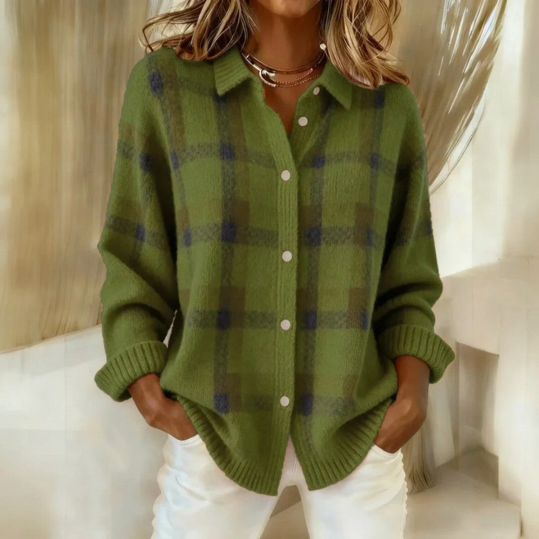 Women's long-sleeved checked collared jumper with button front and ribbed trims