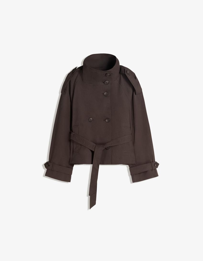 Women's cropped belted trench coat with high collar and long sleeves