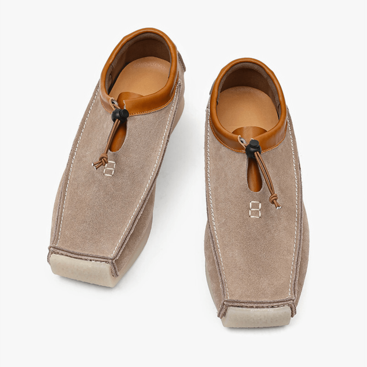 Square-toe loafers with contrast trim, toggle cord fastening and flat soles