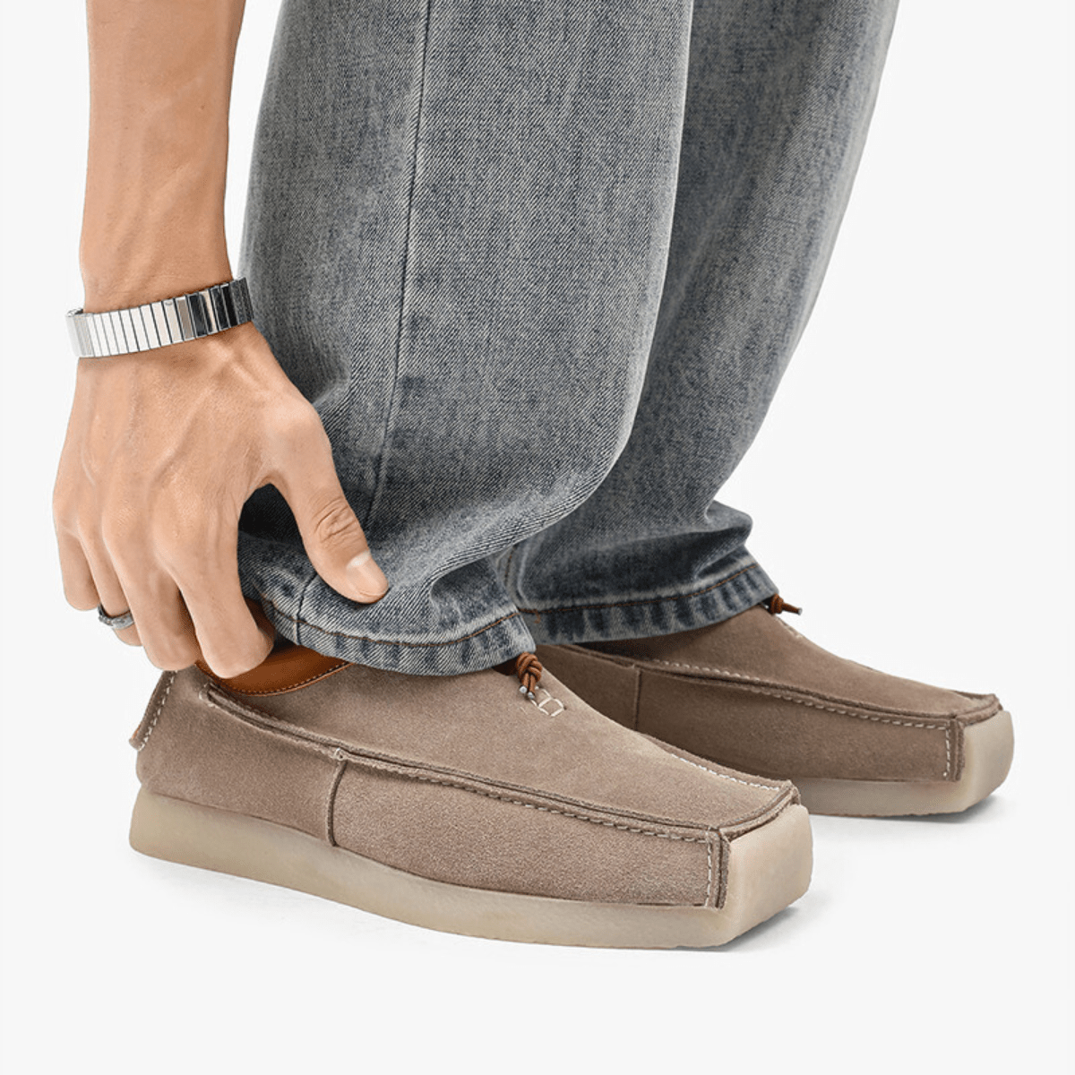 Square-toe loafers with contrast trim, toggle cord fastening and flat soles