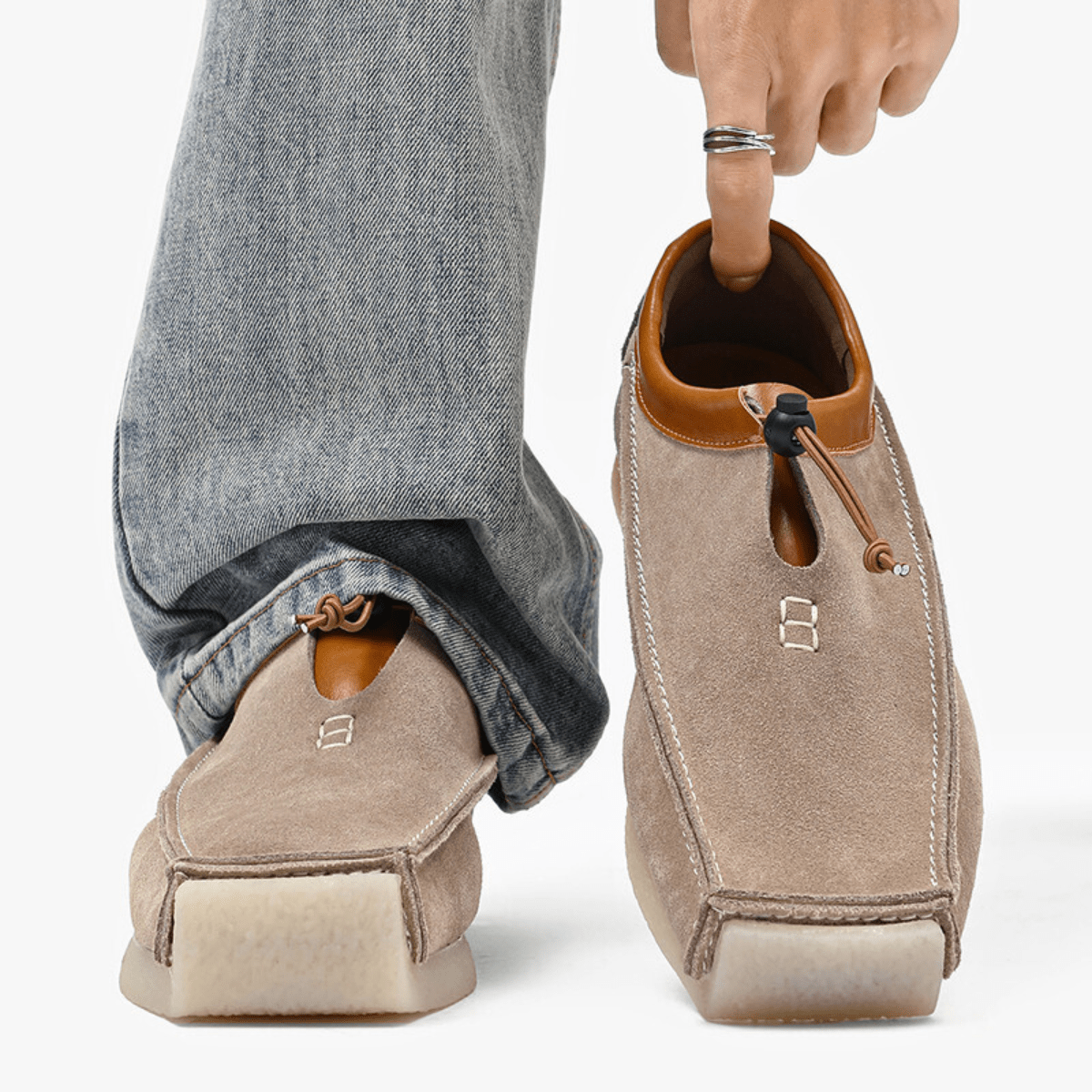 Square-toe loafers with contrast trim, toggle cord fastening and flat soles