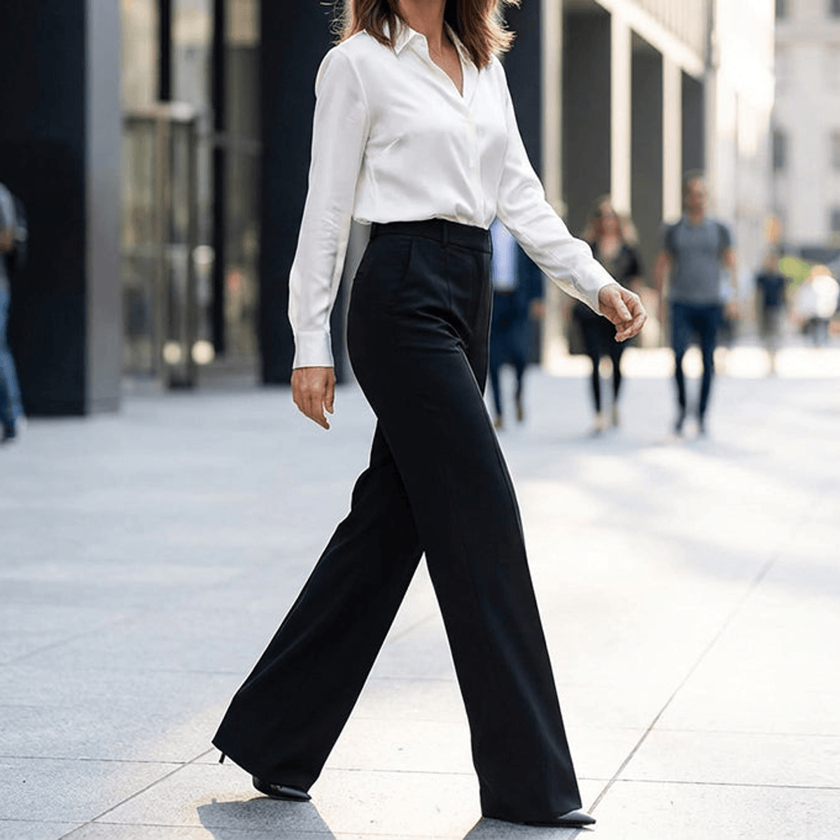 Women's high-waisted wide-leg suit trousers with front pockets and tailored panel detailing