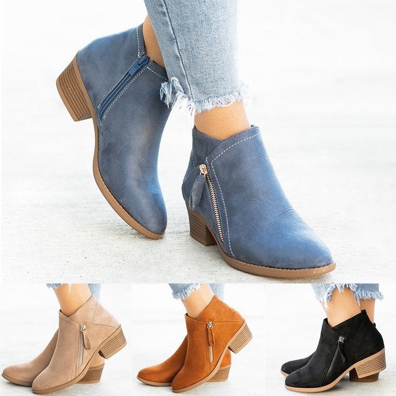 Women's ankle boots with side zip, rounded toe and block heel