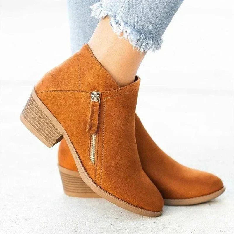 Women's ankle boots with side zip, rounded toe and block heel