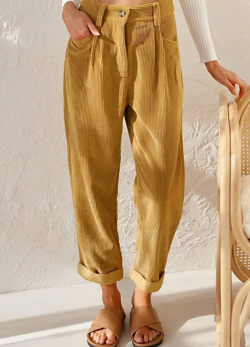 Women's high-rise corduroy trousers with straight legs, side pockets and cuffed hems