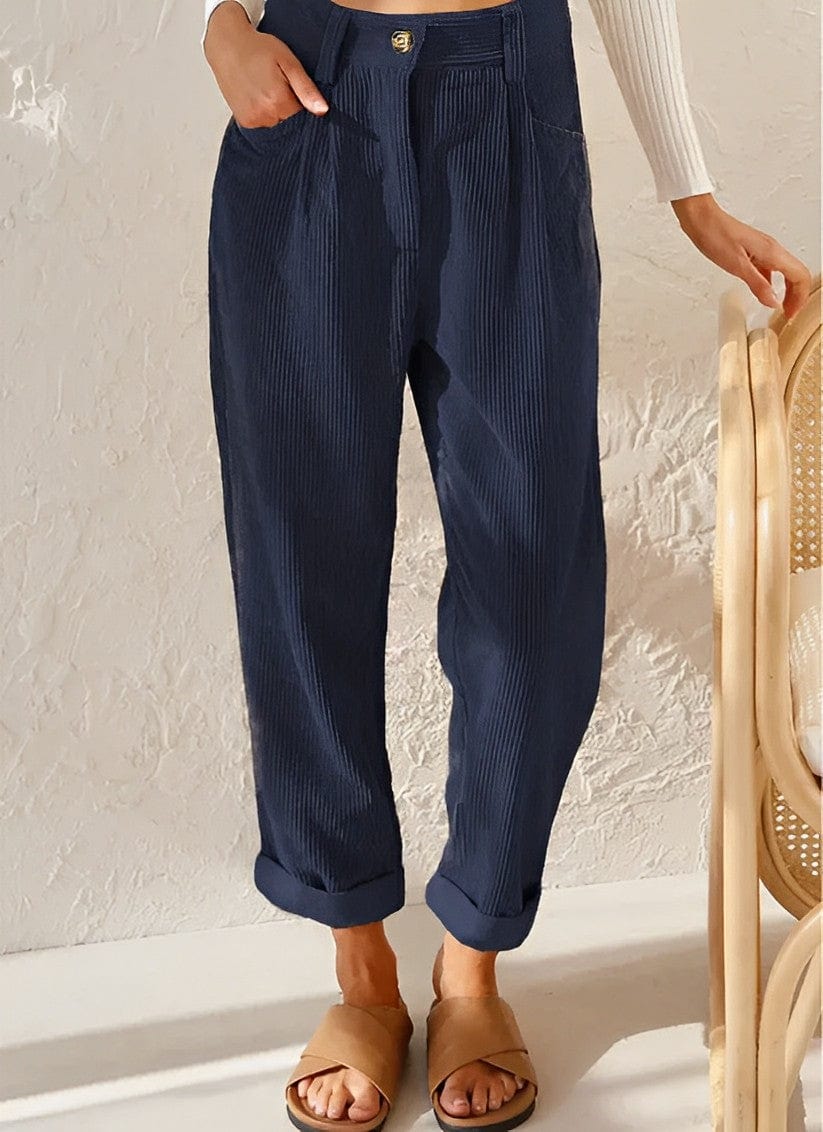 Women's high-rise corduroy trousers with straight legs, side pockets and cuffed hems