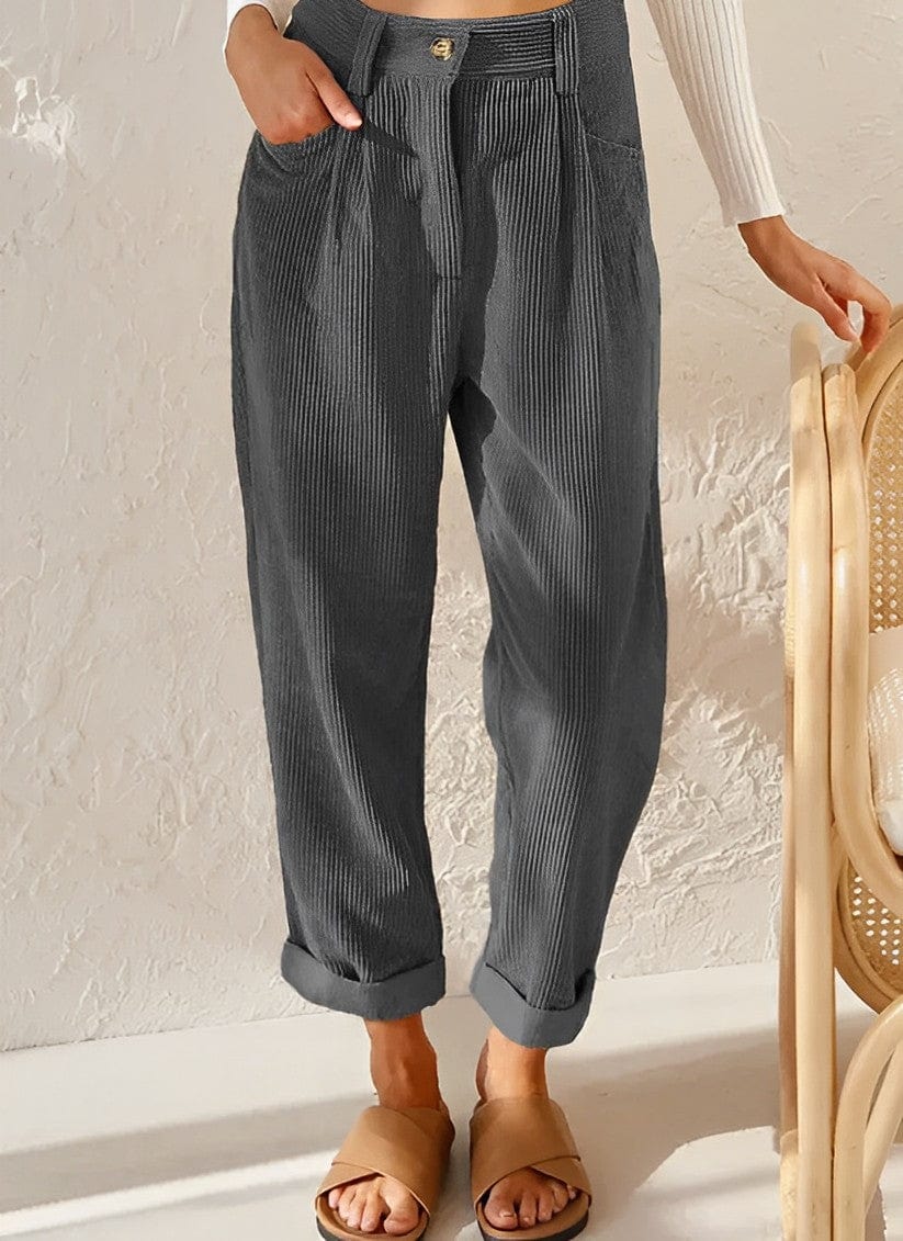 Women's high-rise corduroy trousers with straight legs, side pockets and cuffed hems