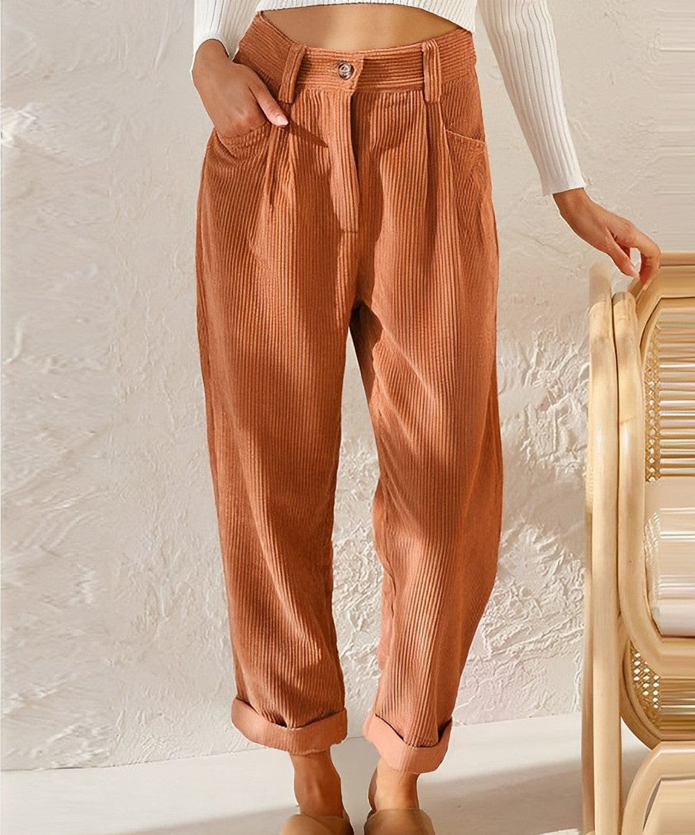 Women's high-rise corduroy trousers with straight legs, side pockets and cuffed hems