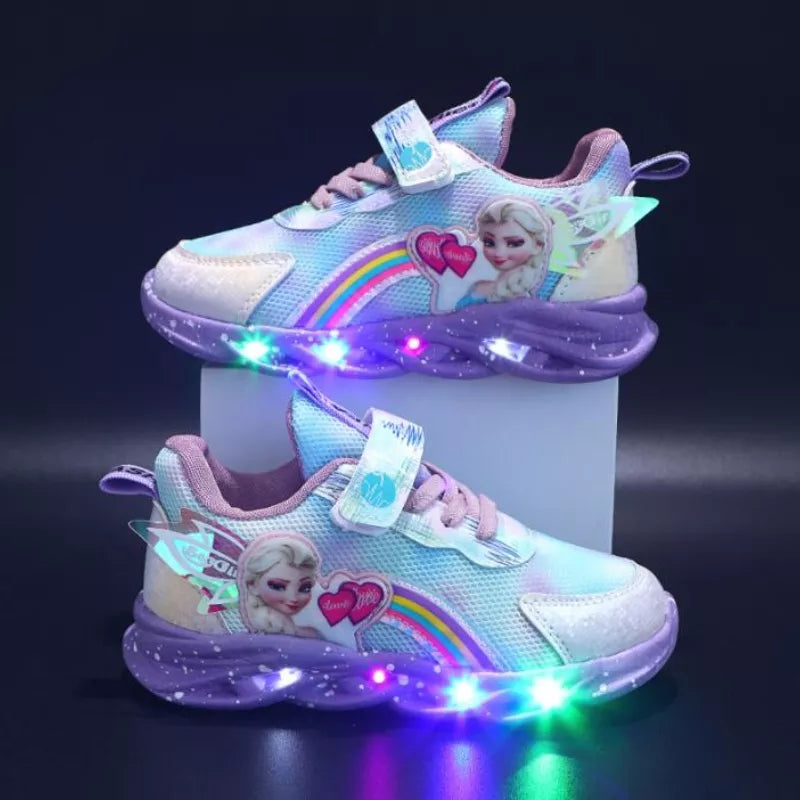 Girls' pink and purple light-up trainers with rainbow and character graphics