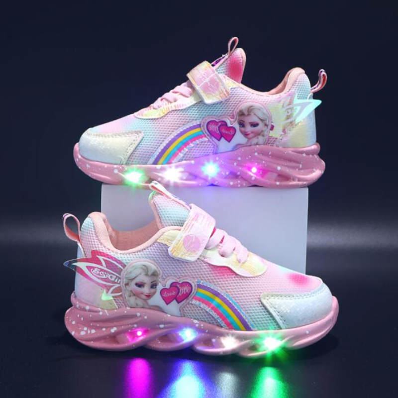 Girls' pink and purple light-up trainers with rainbow and character graphics