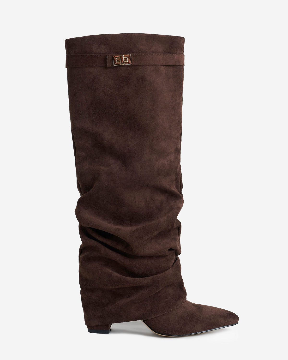 Women's brown slouchy knee-high boots with pointed toes, buckle trim and low heels