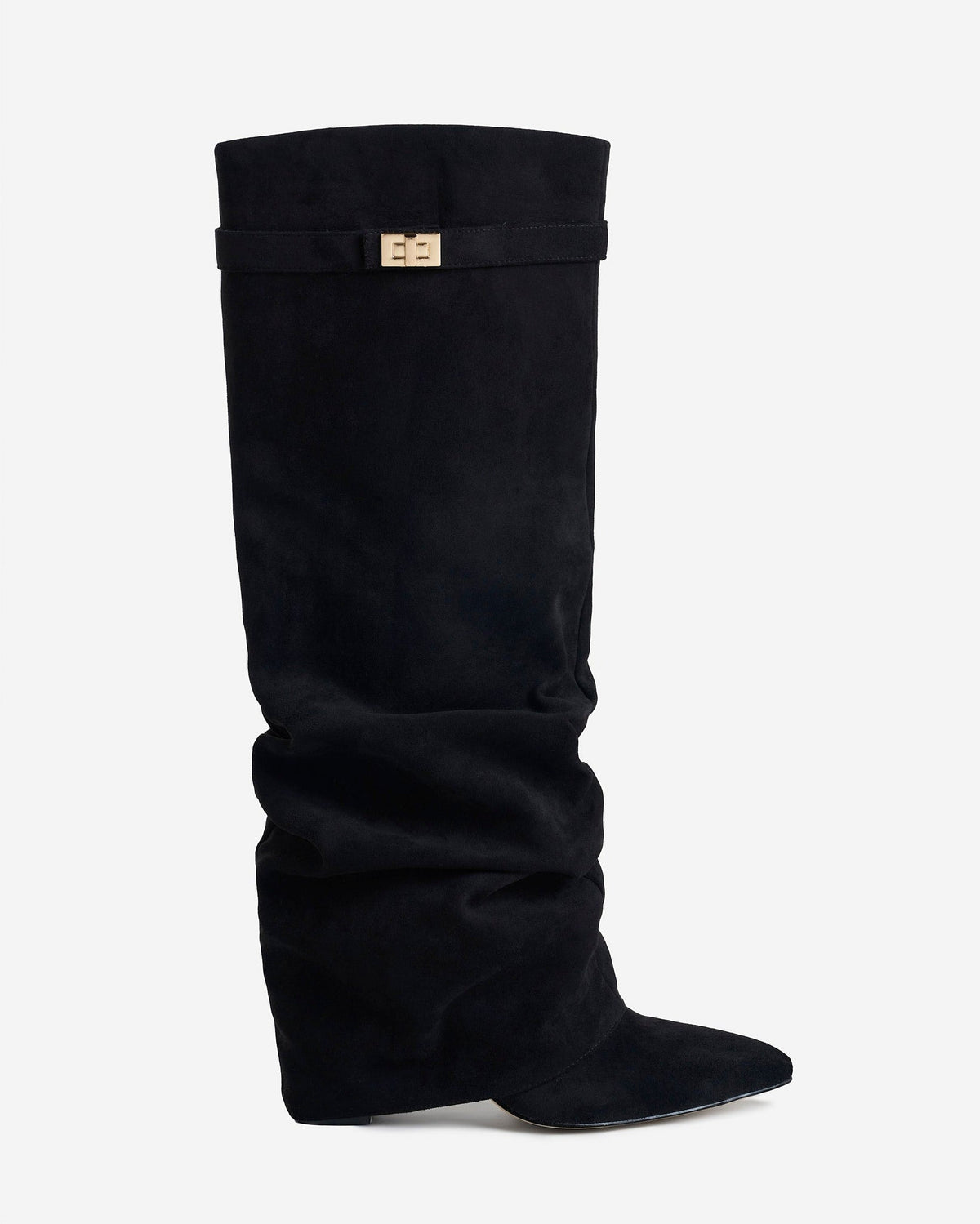 Black women's slouchy knee-high boots with pointed toes and gold-tone strap details