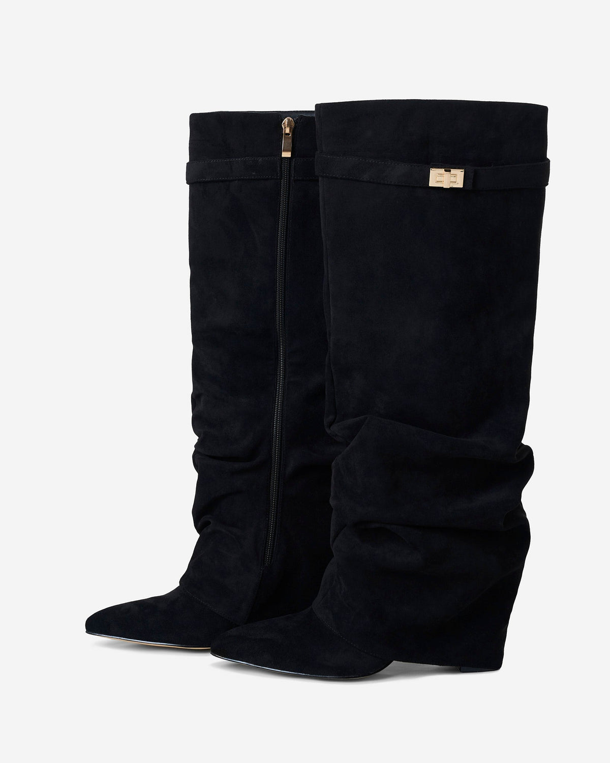 Black women's slouchy knee-high boots with pointed toes and gold-tone strap details