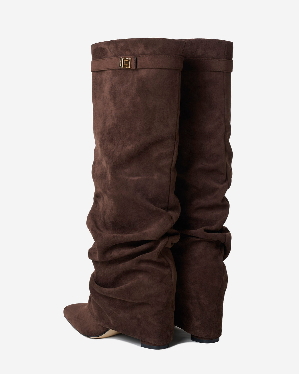 Women's brown slouchy knee-high boots with pointed toes, buckle trim and low heels